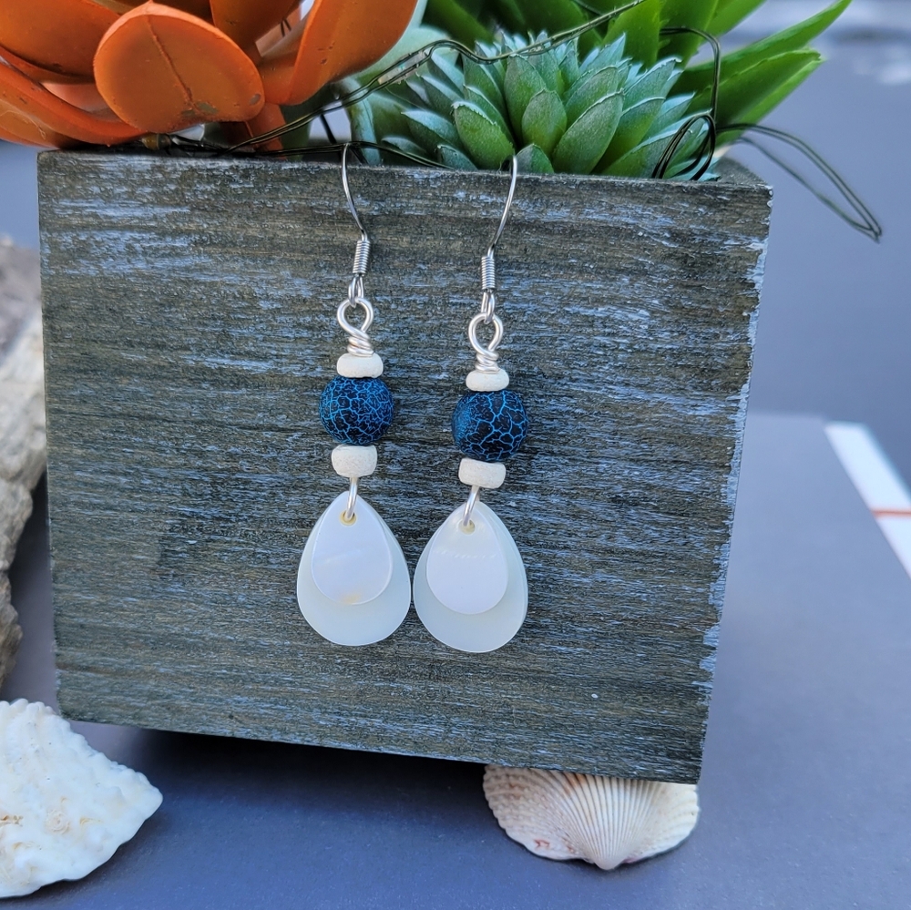 Beachy Summer Shell And Blue Bead Earrings